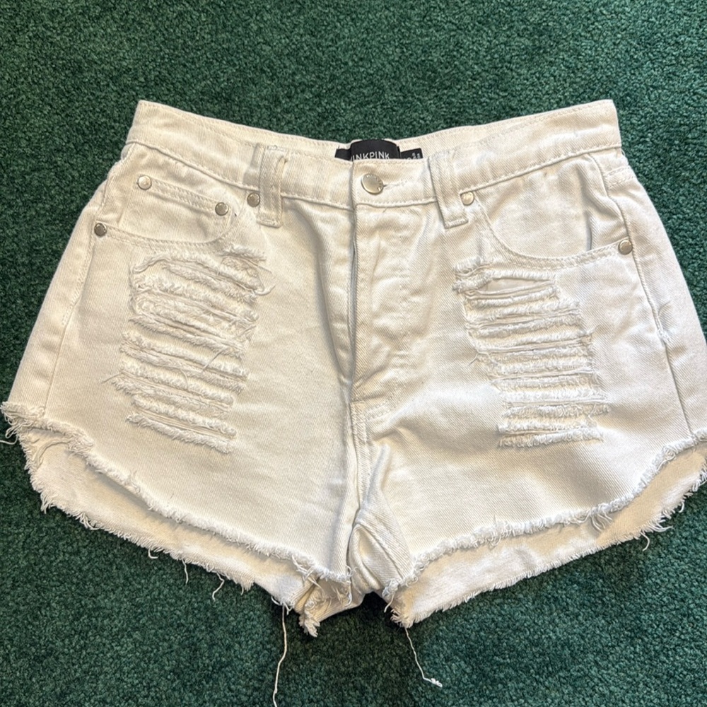 Mink pink distressed shorts